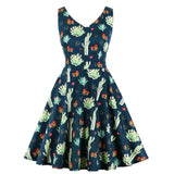 Cactus Print Sleeveless Cotton V Neck Robe Pin Up Swing Casual Retro Party Vintage Dresses