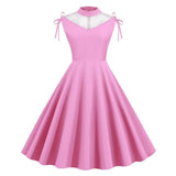 Contrast Mesh Pearls Beaded Elegant Party Mock Neck Tie Detail Women Vintage A-Line Summer Dress