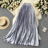 High Waist Long Women Elegant Office Lady Metallic Satin Maxi Pleated Skirt