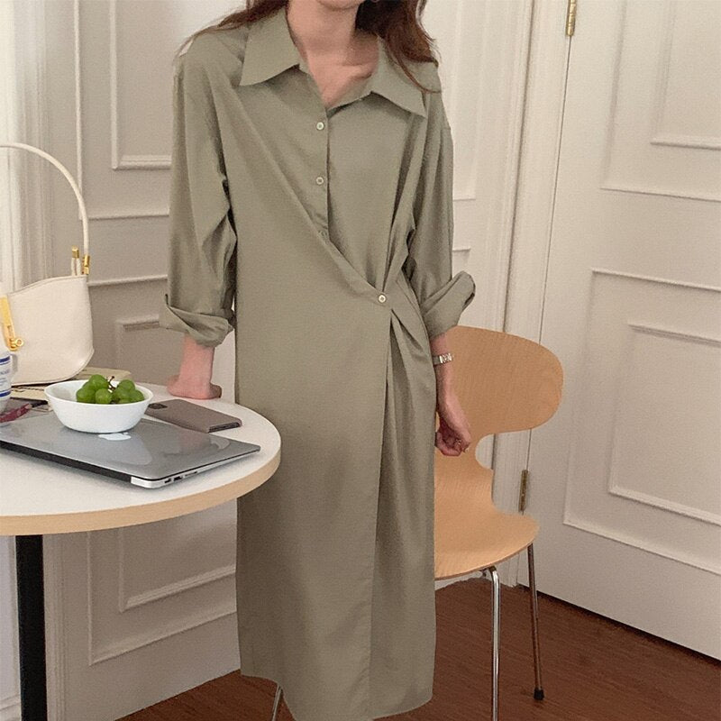 Wrap Elegant Office Lady Chic Shirt Dress Lapel Long Sleeve Button Up Casual Midi Dress Clothing