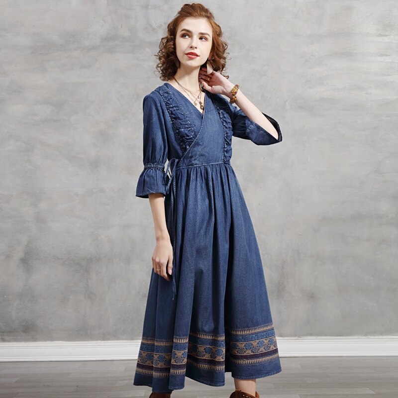 Spring Denim Flare Sleeve Lace-up Long Women Vintage High Waist A-Line Embroidery Dress