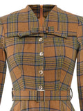 V-Neck Bow Front Buttons Plaid 50s Vintage Cotton Dress Women Spring Autumn 3/4 Sleeve Elegant Party Midi A Line Dresses