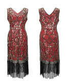 Vintage Women Prom Gowns Tea Length Sleeveless Sequins V Neck Tassels 1920s Retro Party Dress