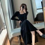 Autumn Winter Women Knitting Maxi Dresses Black Hepburn Long Sleeve Elegant Vestido Square Collar Casual Loose Dress