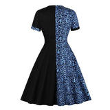 Leopard and Black Two Tone Women Vintage Elegant A Line Round Neck Glamorous Party Retro Ladies Dress