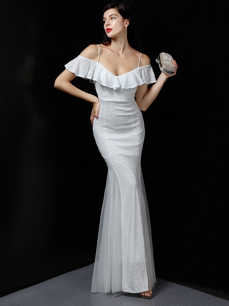 White Strap Dress Sequin Evening Dress Off Shoulder Women Long Formal Party Dress