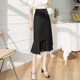 Office Lady Elegant A-line Long Skirts Fashion Korean Style Ruffles High Waist Women Pleated Skirt