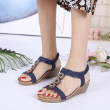 Summer Women Flower Rhinestone Elastic Band Soft Roman Non-Slip Gladiator Wedges Sandals