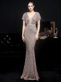 Elegant Evening Dress New Women Sliver Sequin Dress V Neck Beaded Party Maxi Dress