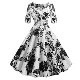 High Waist Floral Slim Sexy V Neck Wrap Vintage Autumn Half Sleeve Elegant Party Swing Pin Up Dress