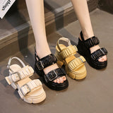 Pleated Chunky Platform Sandals Buckle Wedges Slippers Woman 9cm High Heel Summer Sandalias