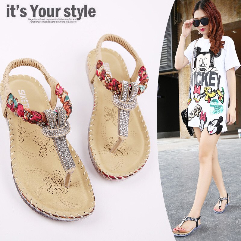 New Series Ladies Natural Leather Rhinestone High Quality Design Sandals Flat Women Shoes