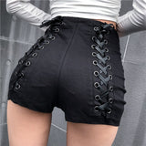 Black Women High Waist Lace-up Denim Shorts Gothic Hip Hop Femmen Back Ripped Summer 2020 Women Streetwear Solid Female Outfit