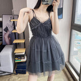 2021 Black Gothic Sexy Dress V Collar Vintage Spaghetti Strap Mesh Patchwork Mini Dresses 2021 Summer High Waist Dress For Women