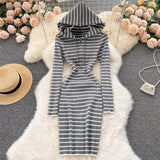 Long Sleeve Hooded Knitted Striped Dresses Women Autumn Winter Casual Sweater Dress