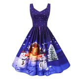 Ruched High Waist Vintage Print Christmas Winter Sleeveless Xmas Festival Pleated Dress