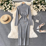 Woman Casual Solid Turtleneck Sweater Dress Bodycon Long Sleeve Midi Elegant Autumn Winter Dress