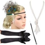 4 Pcs/Set 1920s Great Gatsby Party Costume Accessories Set Flapper Feather Headband Pearl Necklace Gloves Cigarette Holder