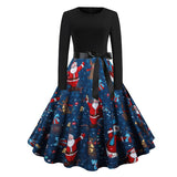 Black and Sky Blue Two Tone Elegant Vintage Christmas Women O-Neck Winter Party Belted A-Line Dress