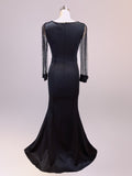 Black Formal Muslim Evening Dress Long Sleeve Zipper Back O-neck Empire Party Gowns Elegant Floor-length Beading Prom Dress