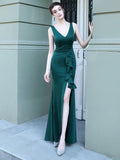 Candy Color Women Wedding Party Dress Soft Satin V Neck Slit Bridesmaid Dress