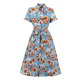 Bohemian Vintage Style Floral Summer Elegant Midi Dress 2021 Women Tie Neck Button Up Short Sleeve Pleated Dresses with Belt