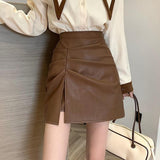 Ladies A-line Mini Skirts Spring Korean Style PU Leather All-match Furcal Women High Waist Short Skirt