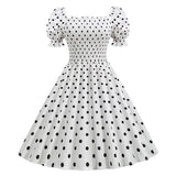 2021 Polka Dot Party Dress Elegant Women Summer Puff Short Sleeve Square Collar Elastic Waist Vintage Midi Sundress Casual Beach