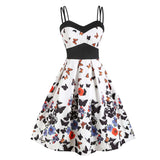 2021 Butterfly Print 50s Vintage Dress Spaghetti Strap Women Pin Up Retro High Waist Knee Length Rockabilly Swing Dresses