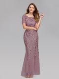 Plus Size Evening Dresses Mermaid O Neck Short Sleeve Lace Appliques Tulle Long Party Gown Robe Soiree Sexy Formal Dress