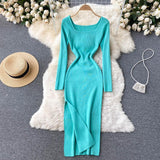 Autumn Winter Elegant Square Neck Long Sleeve Ribbed Knitted Dress Sexy Slit Bodycon Midi Dress