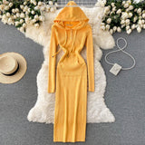 Autumn Winter Women Dresses Long Sleeve Hooded Casual Sweater Dress Button Front Pocket Ribbed Knitted Midi Dress