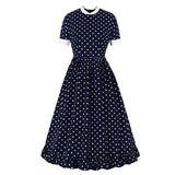 Short Sleeve Polka Dot Vintage 70s Summer Midi Dress High Waist Elegant Ruffle Hem Long Dress