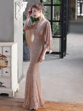 Cape Sleeve V Neck Cocktail Sequins Mermaid Women Party Dress Elegant Occation Shinning Prom Gowns