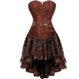 Steampunk Floral Corset Dress Women Gothic PU Leather Corset Bustier With Burlesque Skirt Set Halloween Pirate Costume Brown