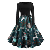 Black and Sky Blue Two Tone Elegant Vintage Christmas Women O-Neck Winter Party Belted A-Line Dress