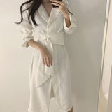Elegant Office Lady Slit Sexy Midi Dress V Neck Collared Long Sleeve Waist Belted Shirt Dress