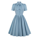 Tie Neck Button Up 50S Pinup Robes Women Vintage Pleated Swing Blue Elegant Retro Dress