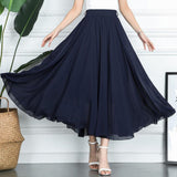 Summer Women Chiffon Vintage High Waist Blue White Long A-Line Solid Pleated Skirts