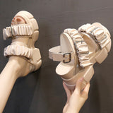 Pleated Chunky Platform Sandals Buckle Wedges Slippers Woman 9cm High Heel Summer Sandalias