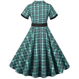 Notched Collar Plaid Print 50s Vintage Dress With Belt 2021 Summer Women Casual Slim Party Jurken Elegant Short Sleeve Clothing