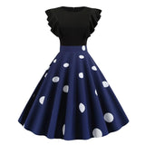 Two Tone Ruffle Armhole Polka Dot Elegant Vintage O-Neck A Line Retro Slim Swing Dress