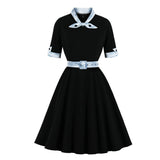 Bow Neck Black Vintage Autumn Winter Dress Female Robe Half Sleeve A Line Swing Dresses Belted Elegant Women Clothing Vestidos