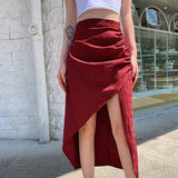Short Front Long Back Women Punk Skirt Asymmetrical Red Plaid Printed Bohemian Romantic Hip Hop Casual Streetwear Midi Skater
