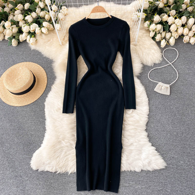 Long Sleeve O Neck Women Sweater Dress Casual Pullover Solid Knitted Sheath Midi Autumn Winter Dresses