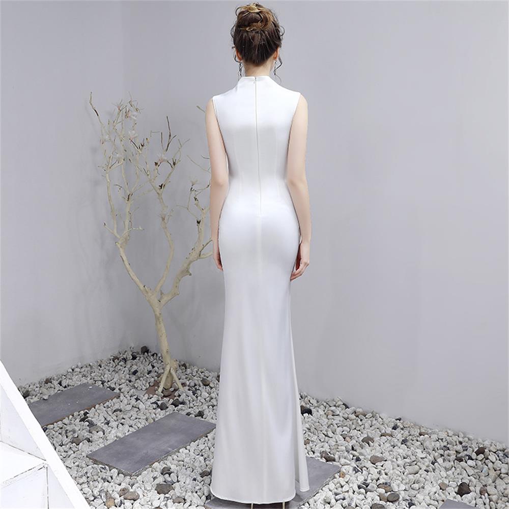 White V-neck Sleeveless Evening Dress Long Taffeta Prom Gown Sexy Side Split Robe Applique Women Formal Dress