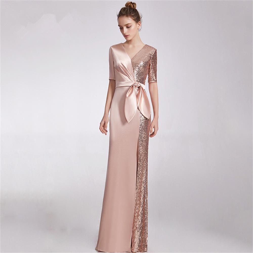 V-neck Elegant Half-Sleeve Evening Dress Bow Waist Formal Women Long Dress Satin & Sequins Prom