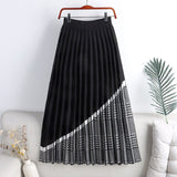 Elastic High Waist Casual Pleated Skirt A Line Houndstooth Patchwork Winter Knitted Skirt