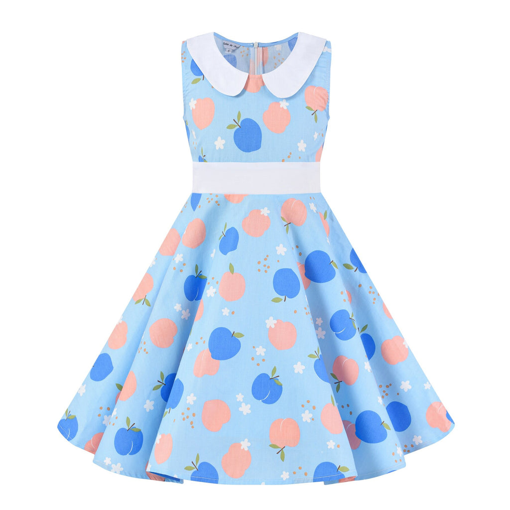 2021 50s Tunic Midi Vintage Dress for Children Kids Pink Blue Swing Cotton Retro Cherry Floral Print Summer Dress for Girl Cute