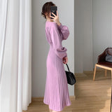 2021 New Autumn Winter Women Lantern Sleeve Sweater Dress Ladies Casual A-Line Midi Knitted Dresses Vestidos